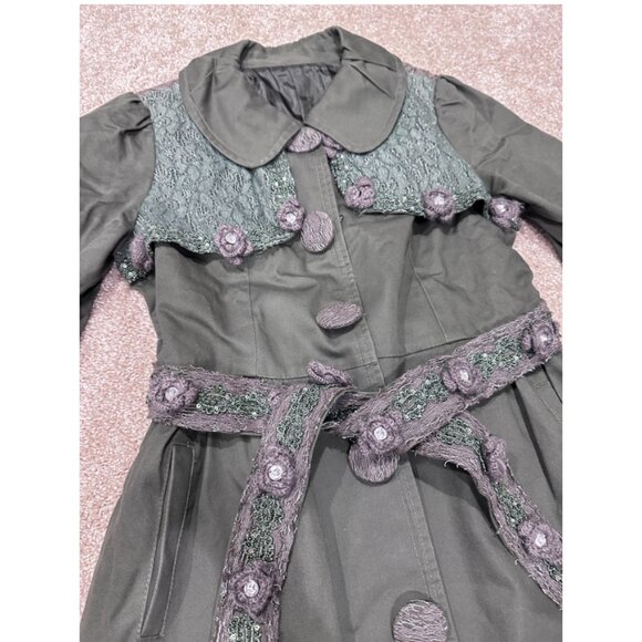 Forest Green Flower Motif Trench Coat - Picture 4 of 4